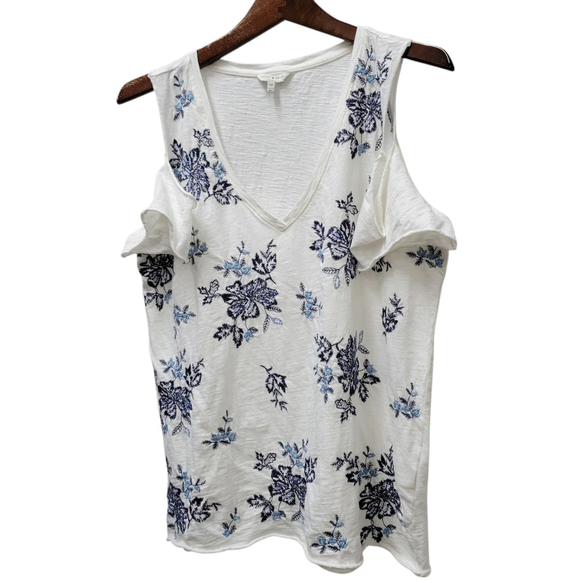 Lucky Brand 100% Cotton White Blue Embroidered Flower Cold Shoulder Top Medium - Picture 4 of 7
